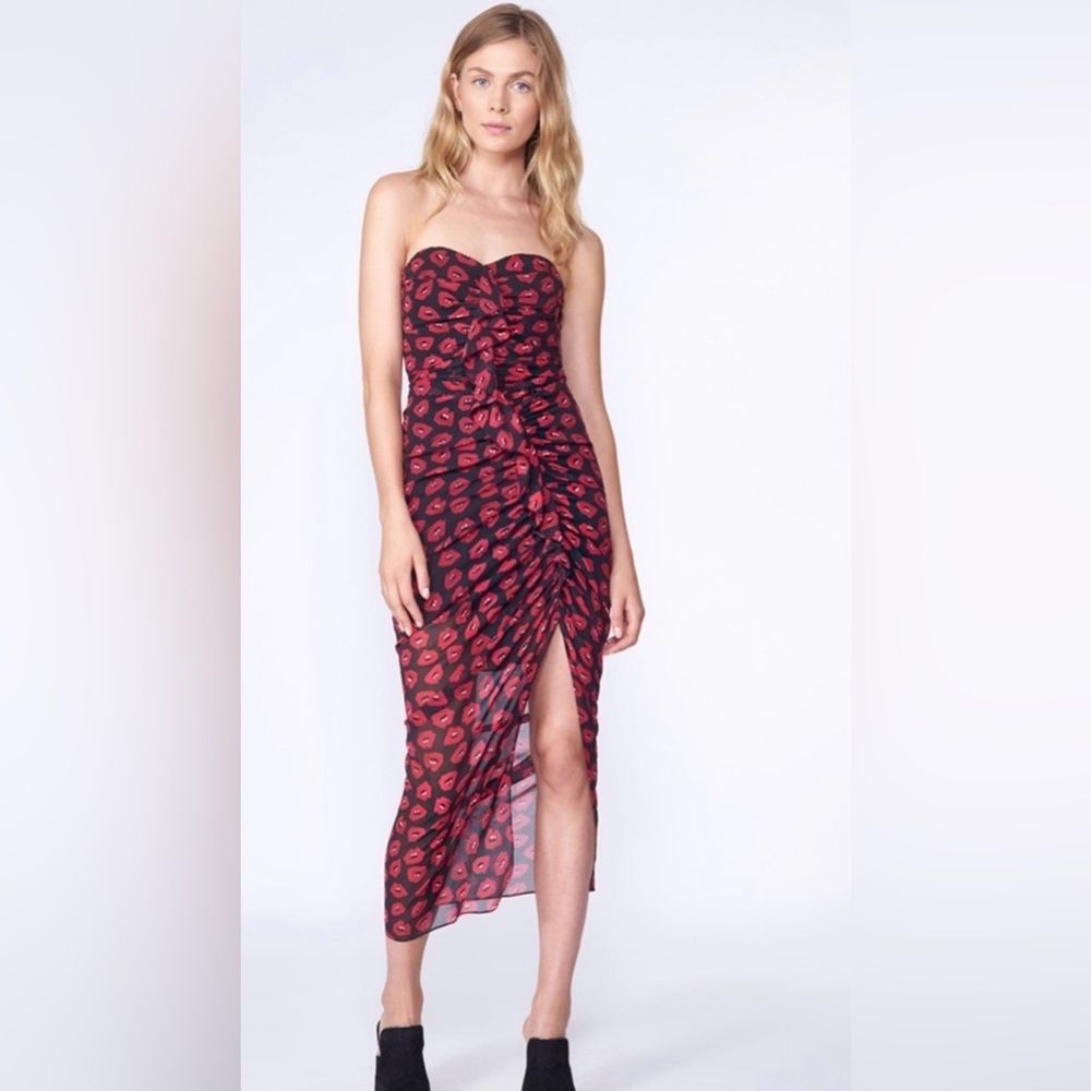 NWT O.P.T Red Mouth Tape Strapless Midi Dress Size Small